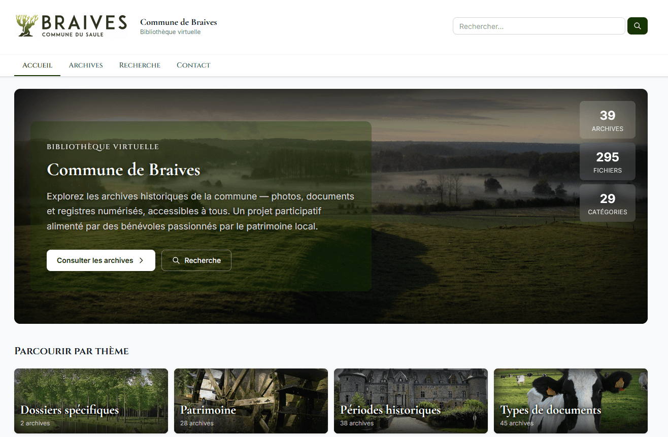 La page d'accueil du site d'archives de la Commune de Braives